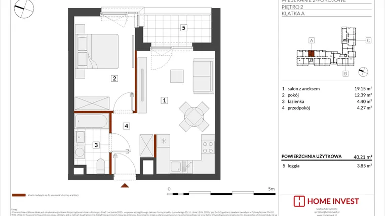 Rzut - Mieszkanie na sprzedaż 2 pokoje o powierzchni 40,21 m² - numer F1-A015 w Warszawski Świt XIII