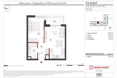 Rzut - Mieszkanie na sprzedaż 2 pokoje o powierzchni 40,15 m² - numer F1-A017 w Warszawski Świt XIII