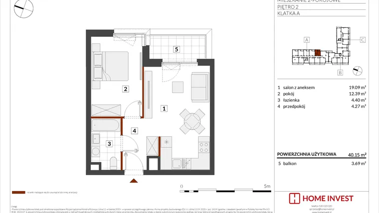 Rzut - Mieszkanie na sprzedaż 2 pokoje o powierzchni 40,15 m² - numer F1-A017 w Warszawski Świt XIII