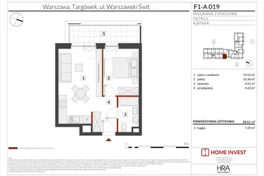Rzut - Mieszkanie na sprzedaż 2 pokoje o powierzchni 38,61 m² - numer F1-A019 w Warszawski Świt XIII