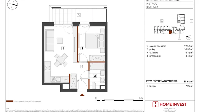 Rzut - Mieszkanie na sprzedaż 2 pokoje o powierzchni 38,61 m² - numer F1-A019 w Warszawski Świt XIII