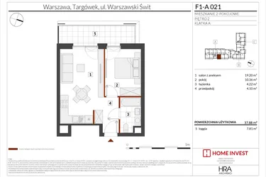 Rzut - Mieszkanie na sprzedaż 2 pokoje o powierzchni 37,88 m² - numer F1-A021 w Warszawski Świt XIII