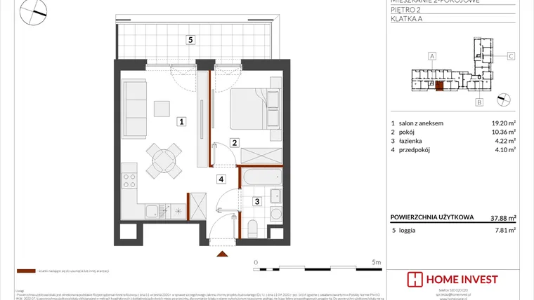 Rzut - Mieszkanie na sprzedaż 2 pokoje o powierzchni 37,88 m² - numer F1-A021 w Warszawski Świt XIII