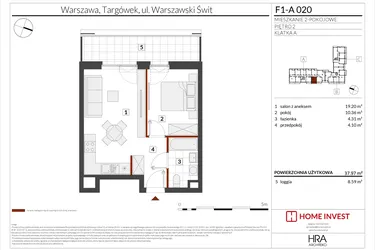 Rzut - Mieszkanie na sprzedaż 2 pokoje o powierzchni 37,97 m² - numer F1-A020 w Warszawski Świt XIII