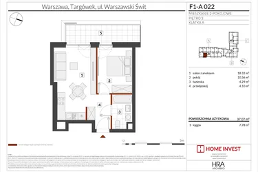 Rzut - Mieszkanie na sprzedaż 2 pokoje o powierzchni 37,07 m² - numer F1-A022 w Warszawski Świt XIII