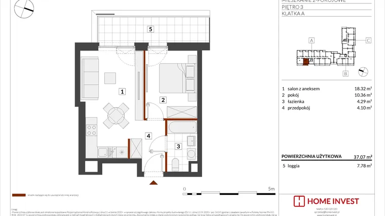 Rzut - Mieszkanie na sprzedaż 2 pokoje o powierzchni 37,07 m² - numer F1-A022 w Warszawski Świt XIII