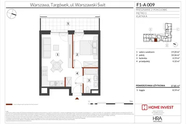 Rzut - Mieszkanie na sprzedaż 2 pokoje o powierzchni 37,85 m² - numer F1-A009 w Warszawski Świt XIII