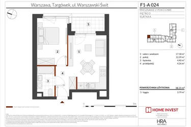 Rzut - Mieszkanie na sprzedaż 2 pokoje o powierzchni 38,23 m² - numer F1-A024 w Warszawski Świt XIII