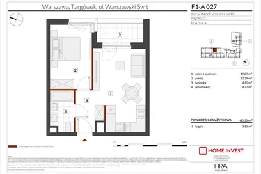 Rzut - Mieszkanie na sprzedaż 2 pokoje o powierzchni 40,15 m² - numer F1-A027 w Warszawski Świt XIII