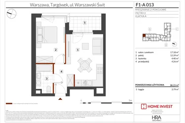 Rzut - Mieszkanie na sprzedaż 2 pokoje o powierzchni 38,23 m² - numer F1-A013 w Warszawski Świt XIII