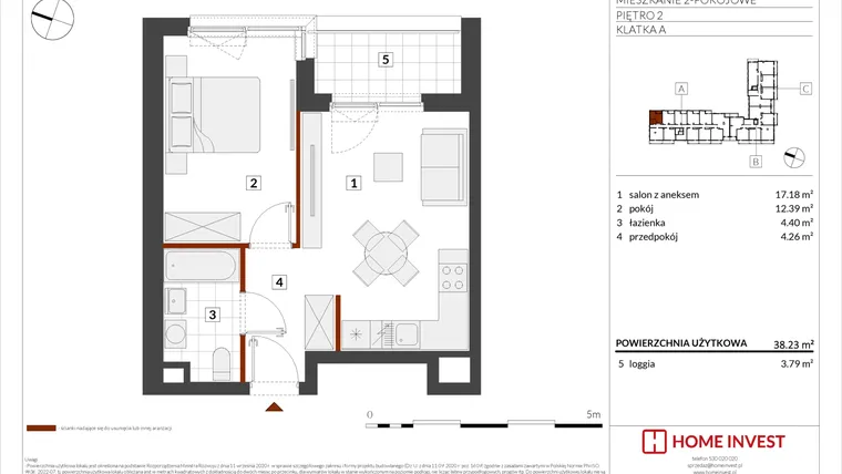 Rzut - Mieszkanie na sprzedaż 2 pokoje o powierzchni 38,23 m² - numer F1-A013 w Warszawski Świt XIII