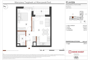 Rzut - Mieszkanie na sprzedaż 2 pokoje o powierzchni 40,21 m² - numer F1-A026 w Warszawski Świt XIII
