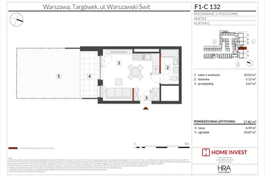 Rzut - Mieszkanie na sprzedaż 1 pokój o powierzchni 27,82 m² - numer F1-C132 w Warszawski Świt XIII