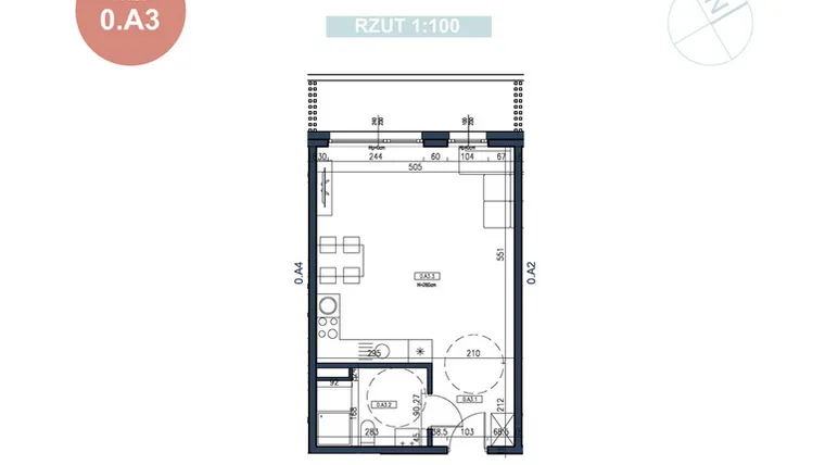 Rzut - Mieszkanie na sprzedaż 1 pokój o powierzchni 37,04 m² - numer 0.A3 w MyPort Apartamenty Darłówko