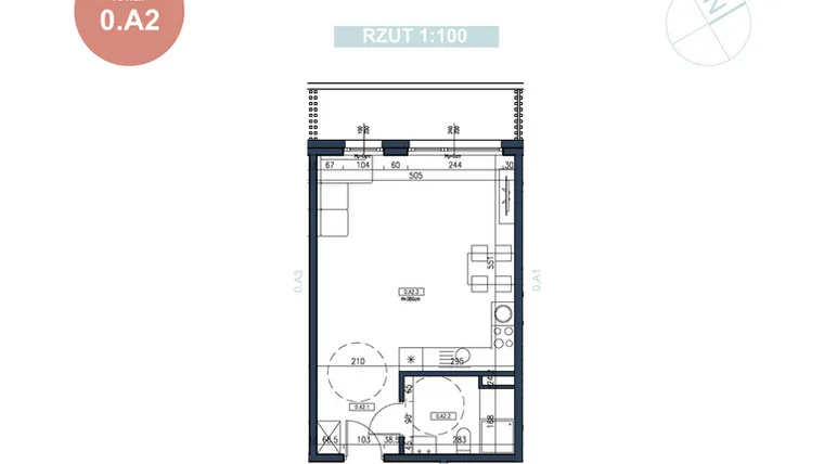 Rzut - Mieszkanie na sprzedaż 1 pokój o powierzchni 37,04 m² - numer 0.A2 w MyPort Apartamenty Darłówko