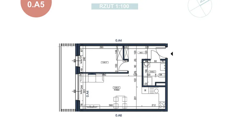 Rzut - Mieszkanie na sprzedaż 2 pokoje o powierzchni 41,57 m² - numer 0.A5 w MyPort Apartamenty Darłówko