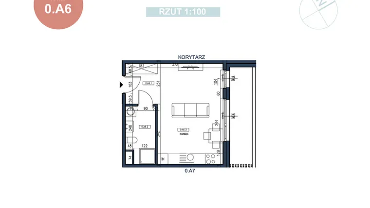 Rzut - Mieszkanie na sprzedaż 1 pokój o powierzchni 29,73 m² - numer 0.A6 w MyPort Apartamenty Darłówko