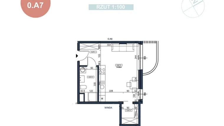 Rzut - Mieszkanie na sprzedaż 1 pokój o powierzchni 32 m² - numer 0.A7 w MyPort Apartamenty Darłówko