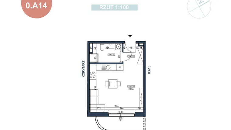 Rzut - Mieszkanie na sprzedaż 1 pokój o powierzchni 29,36 m² - numer 0.A14 w MyPort Apartamenty Darłówko