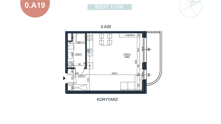 Rzut - Mieszkanie na sprzedaż 1 pokój o powierzchni 37,7 m² - numer 0.A19 w MyPort Apartamenty Darłówko