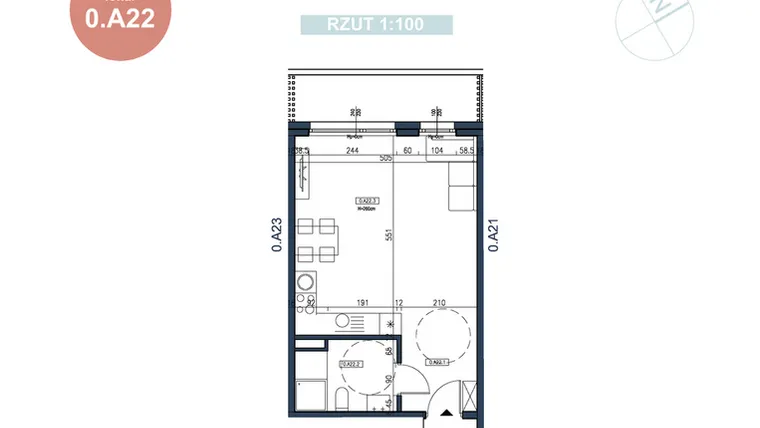 Rzut - Mieszkanie na sprzedaż 1 pokój o powierzchni 37,04 m² - numer 0.A22 w MyPort Apartamenty Darłówko