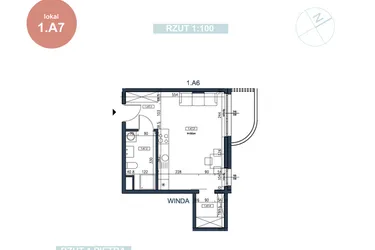 Rzut - Mieszkanie na sprzedaż 1 pokój o powierzchni 32 m² - numer 1.A7 w MyPort Apartamenty Darłówko