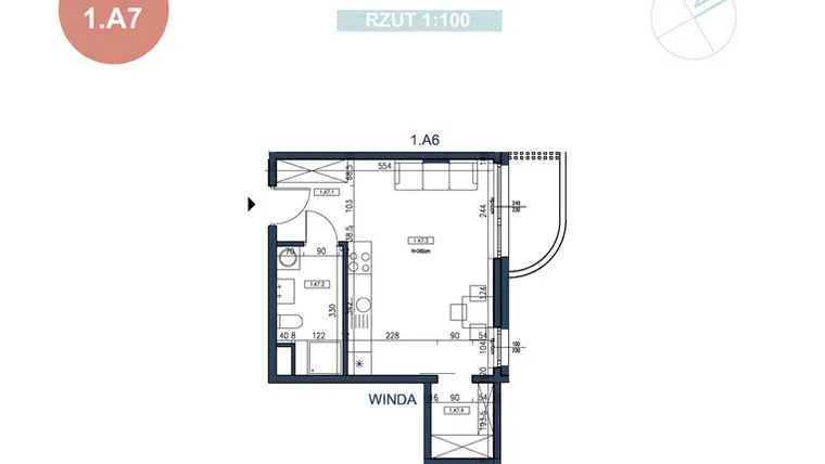 Rzut - Mieszkanie na sprzedaż 1 pokój o powierzchni 32 m² - numer 1.A7 w MyPort Apartamenty Darłówko