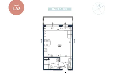 Rzut - Mieszkanie na sprzedaż 1 pokój o powierzchni 37,04 m² - numer 1.A3 w MyPort Apartamenty Darłówko