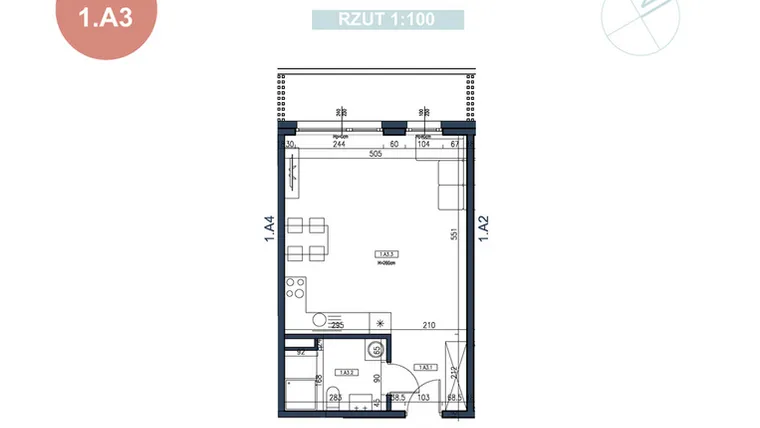 Rzut - Mieszkanie na sprzedaż 1 pokój o powierzchni 37,04 m² - numer 1.A3 w MyPort Apartamenty Darłówko
