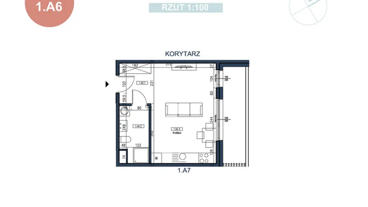 Rzut - Mieszkanie na sprzedaż 1 pokój o powierzchni 29,73 m² - numer 1.A6 w MyPort Apartamenty Darłówko