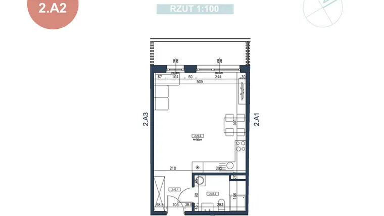 Rzut - Mieszkanie na sprzedaż 1 pokój o powierzchni 37,04 m² - numer 2.A2 w MyPort Apartamenty Darłówko
