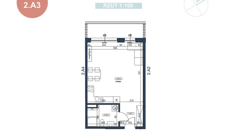 Rzut - Mieszkanie na sprzedaż 1 pokój o powierzchni 37,04 m² - numer 2.A3 w MyPort Apartamenty Darłówko