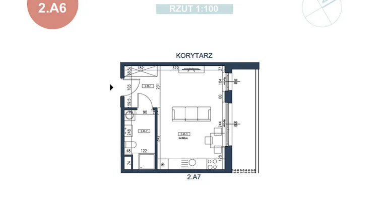 Rzut - Mieszkanie na sprzedaż 1 pokój o powierzchni 29,73 m² - numer 2.A6 w MyPort Apartamenty Darłówko