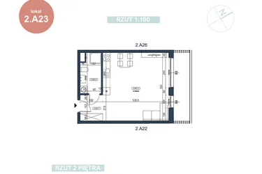 Rzut - Mieszkanie na sprzedaż 1 pokój o powierzchni 37,7 m² - numer 2.A23 w MyPort Apartamenty Darłówko
