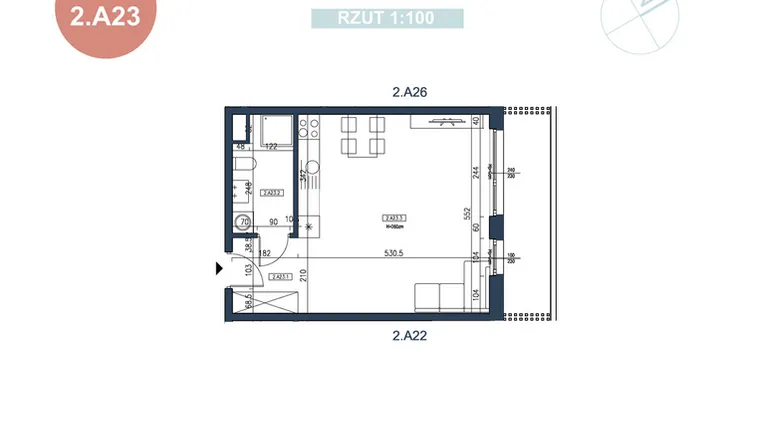 Rzut - Mieszkanie na sprzedaż 1 pokój o powierzchni 37,7 m² - numer 2.A23 w MyPort Apartamenty Darłówko