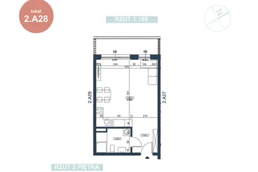 Rzut - Mieszkanie na sprzedaż 1 pokój o powierzchni 37,04 m² - numer 2.A28 w MyPort Apartamenty Darłówko