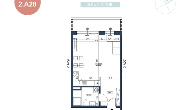 Rzut - Mieszkanie na sprzedaż 1 pokój o powierzchni 37,04 m² - numer 2.A28 w MyPort Apartamenty Darłówko