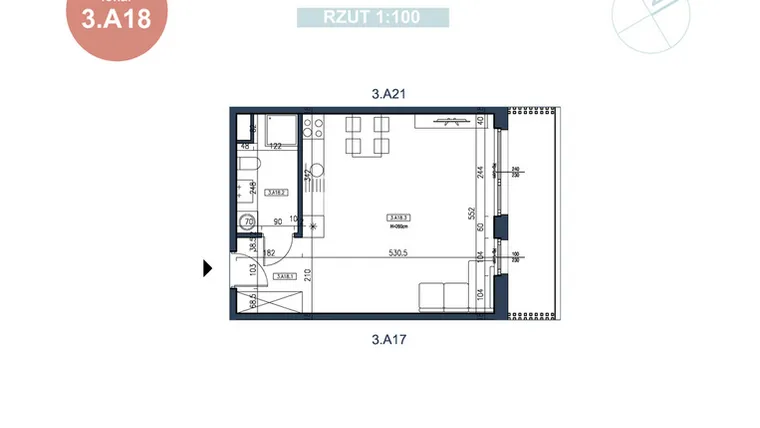 Rzut - Mieszkanie na sprzedaż 1 pokój o powierzchni 37,7 m² - numer 3.A18 w MyPort Apartamenty Darłówko