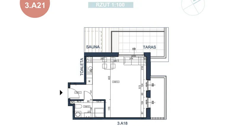 Rzut - Mieszkanie na sprzedaż 1 pokój o powierzchni 35,03 m² - numer 3.A21 w MyPort Apartamenty Darłówko