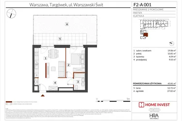 Rzut - Mieszkanie na sprzedaż 2 pokoje o powierzchni 43,81 m² - numer F2-A001 w Warszawski Świt XIV
