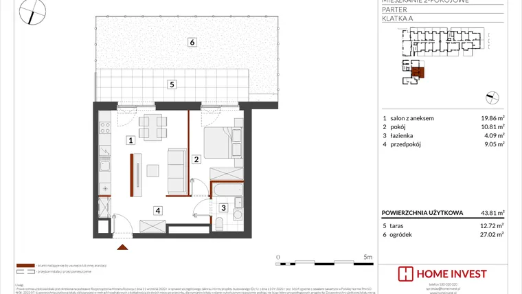 Rzut - Mieszkanie na sprzedaż 2 pokoje o powierzchni 43,81 m² - numer F2-A001 w Warszawski Świt XIV