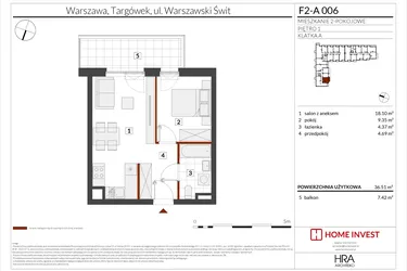 Rzut - Mieszkanie na sprzedaż 2 pokoje o powierzchni 36,51 m² - numer F2-A006 w Warszawski Świt XIV