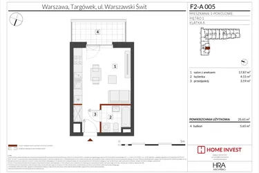 Rzut - Mieszkanie na sprzedaż 1 pokój o powierzchni 25,61 m² - numer F2-A005 w Warszawski Świt XIV