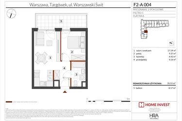 Rzut - Mieszkanie na sprzedaż 2 pokoje o powierzchni 35,55 m² - numer F2-A004 w Warszawski Świt XIV