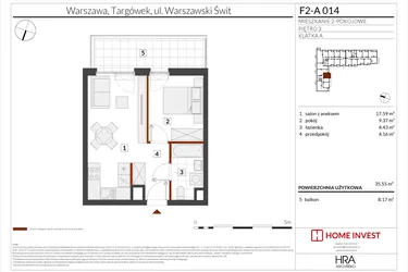 Rzut - Mieszkanie na sprzedaż 2 pokoje o powierzchni 35,55 m² - numer F2-A014 w Warszawski Świt XIV