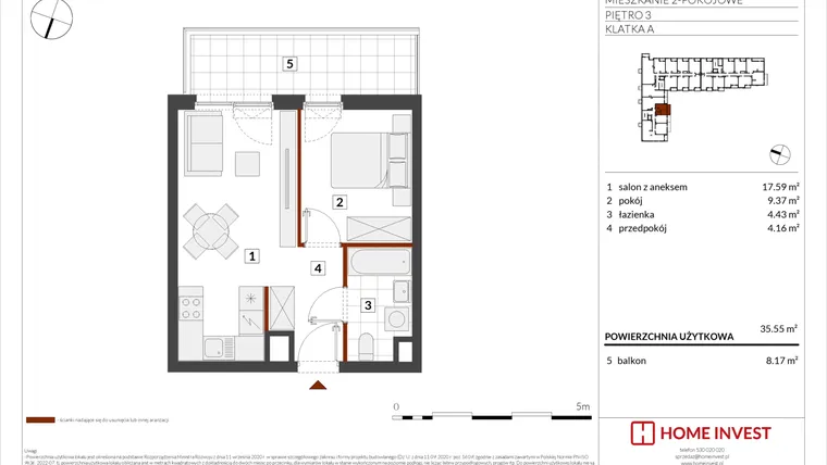 Rzut - Mieszkanie na sprzedaż 2 pokoje o powierzchni 35,55 m² - numer F2-A014 w Warszawski Świt XIV