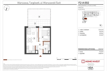 Rzut - Mieszkanie na sprzedaż 2 pokoje o powierzchni 35,47 m² - numer F2-A002 w Warszawski Świt XIV