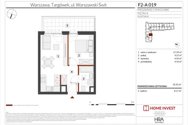Rzut - Mieszkanie na sprzedaż 2 pokoje o powierzchni 35,55 m² - numer F2-A019 w Warszawski Świt XIV