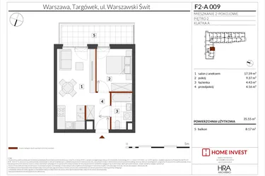 Rzut - Mieszkanie na sprzedaż 2 pokoje o powierzchni 35,55 m² - numer F2-A009 w Warszawski Świt XIV