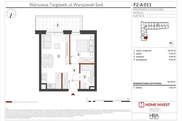Rzut - Mieszkanie na sprzedaż 2 pokoje o powierzchni 36,58 m² - numer F2-A011 w Warszawski Świt XIV